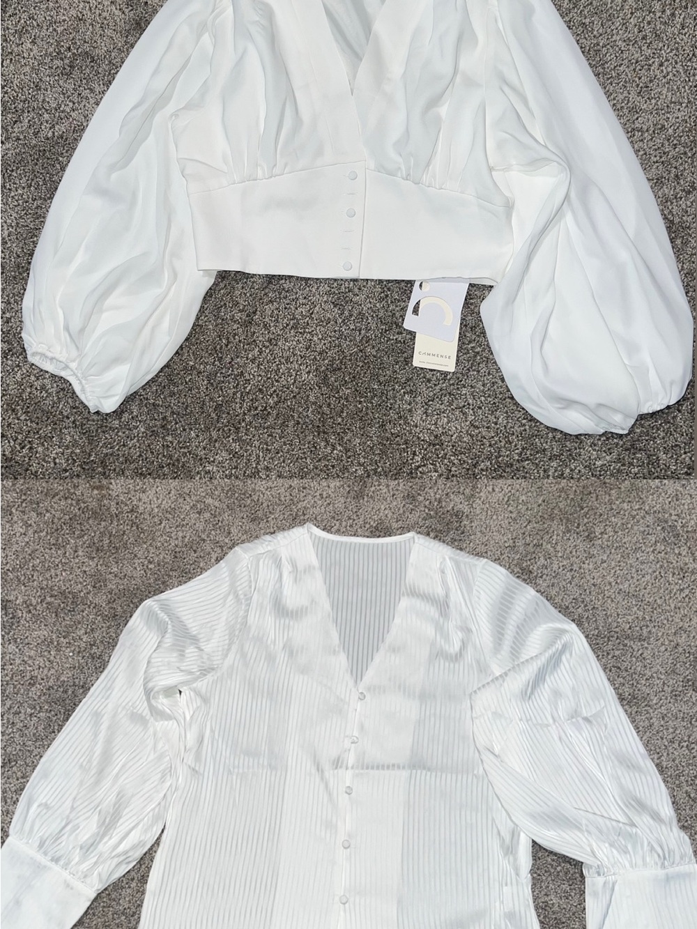 2 Commense Blouses: one V-neck with buttons, and one button-front top.